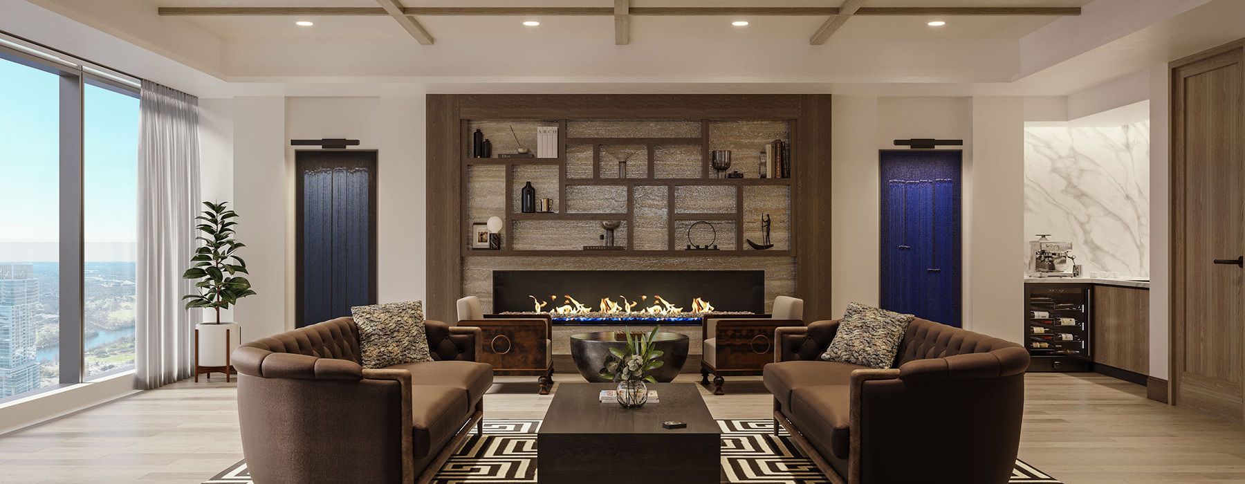 fireplace seating in bright clubhouse with city views